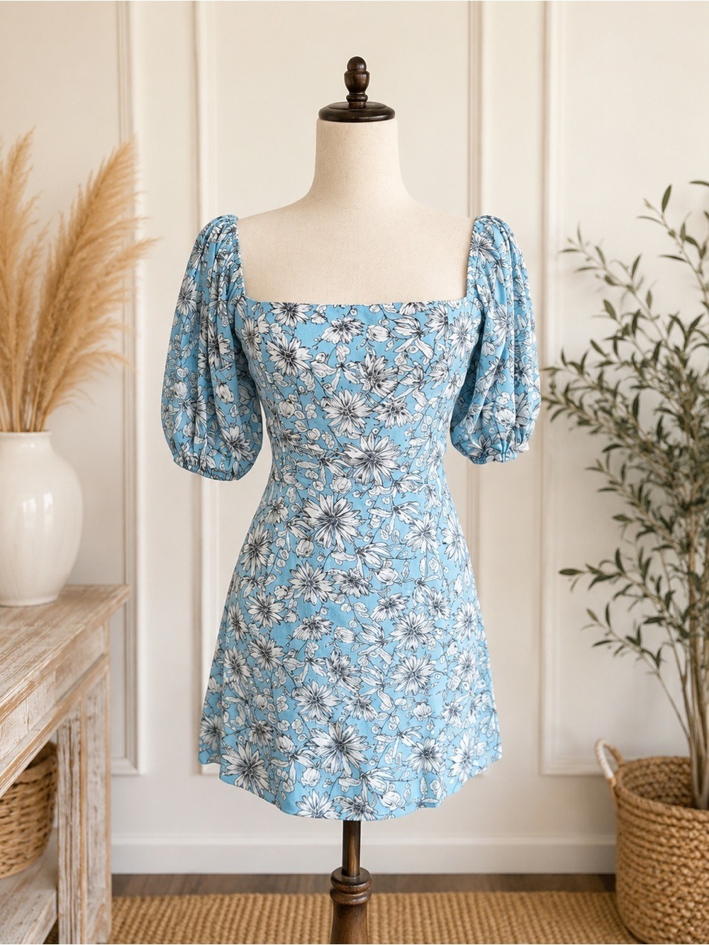 Skylar + Madison Blue Floral Square-Neck Puff Sleeve Mini Dress